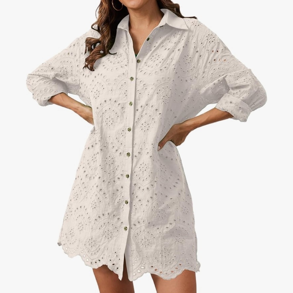 White Eyelet Button-Front Shirt Dress